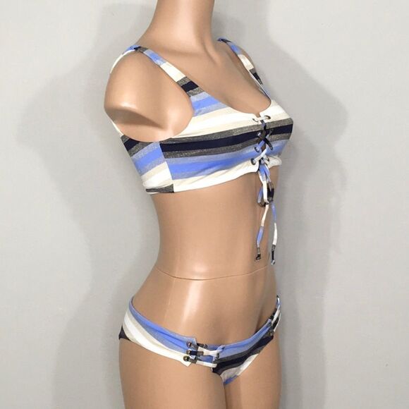 Rare. PILYQ metallic navy, blue, tan, cream stripe lace up bikini. NWT - Picture 4 of 14